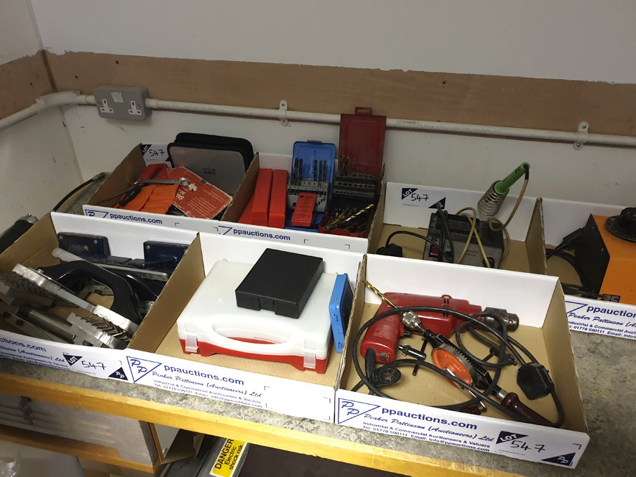 Qty various hand tools, power tools, drill bits, s...