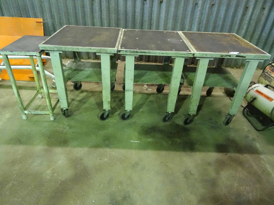 3x metal framed wooden top mobile work tables, adj...