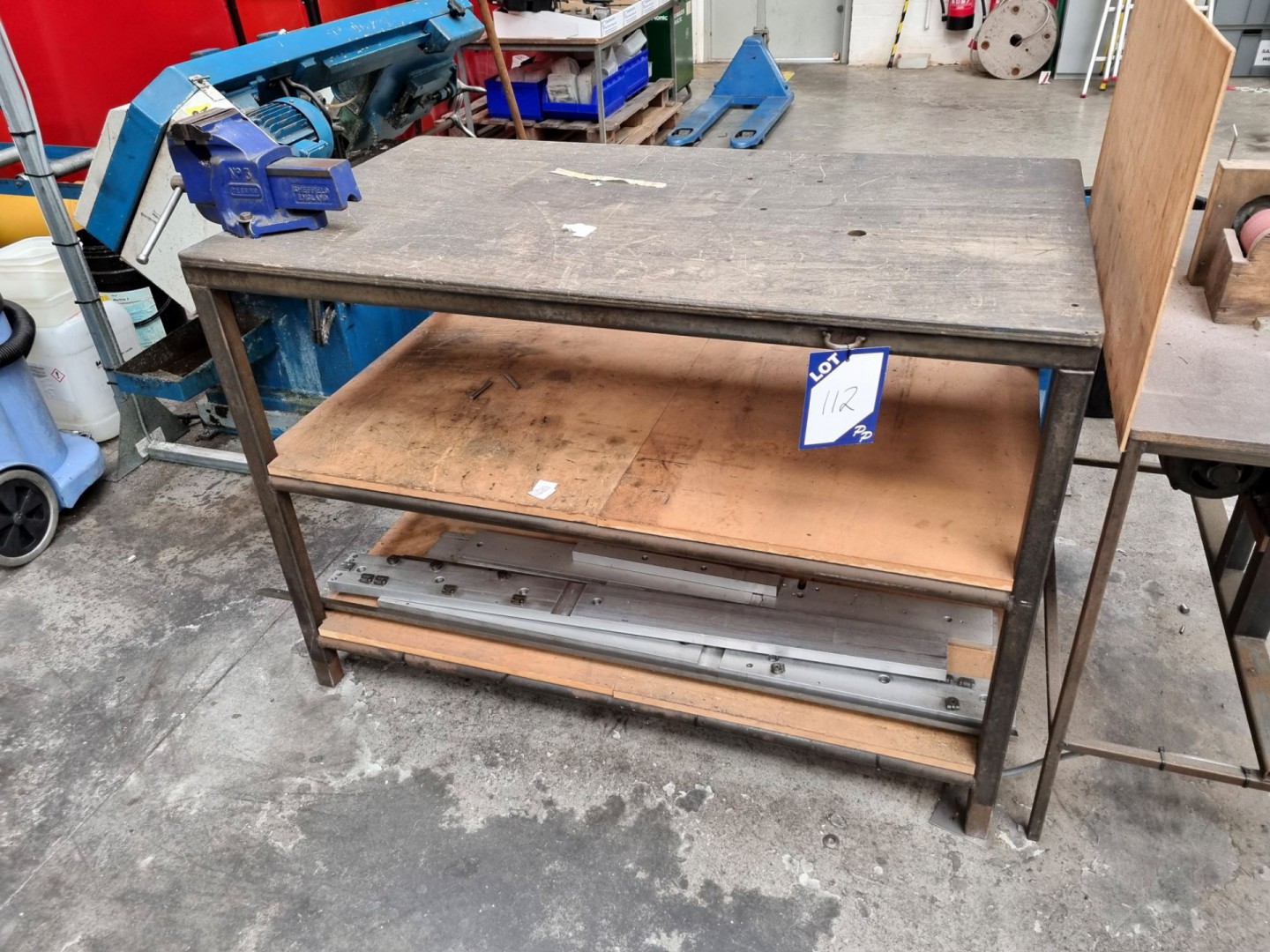 Metal frame wooden top work bench with Record No3...