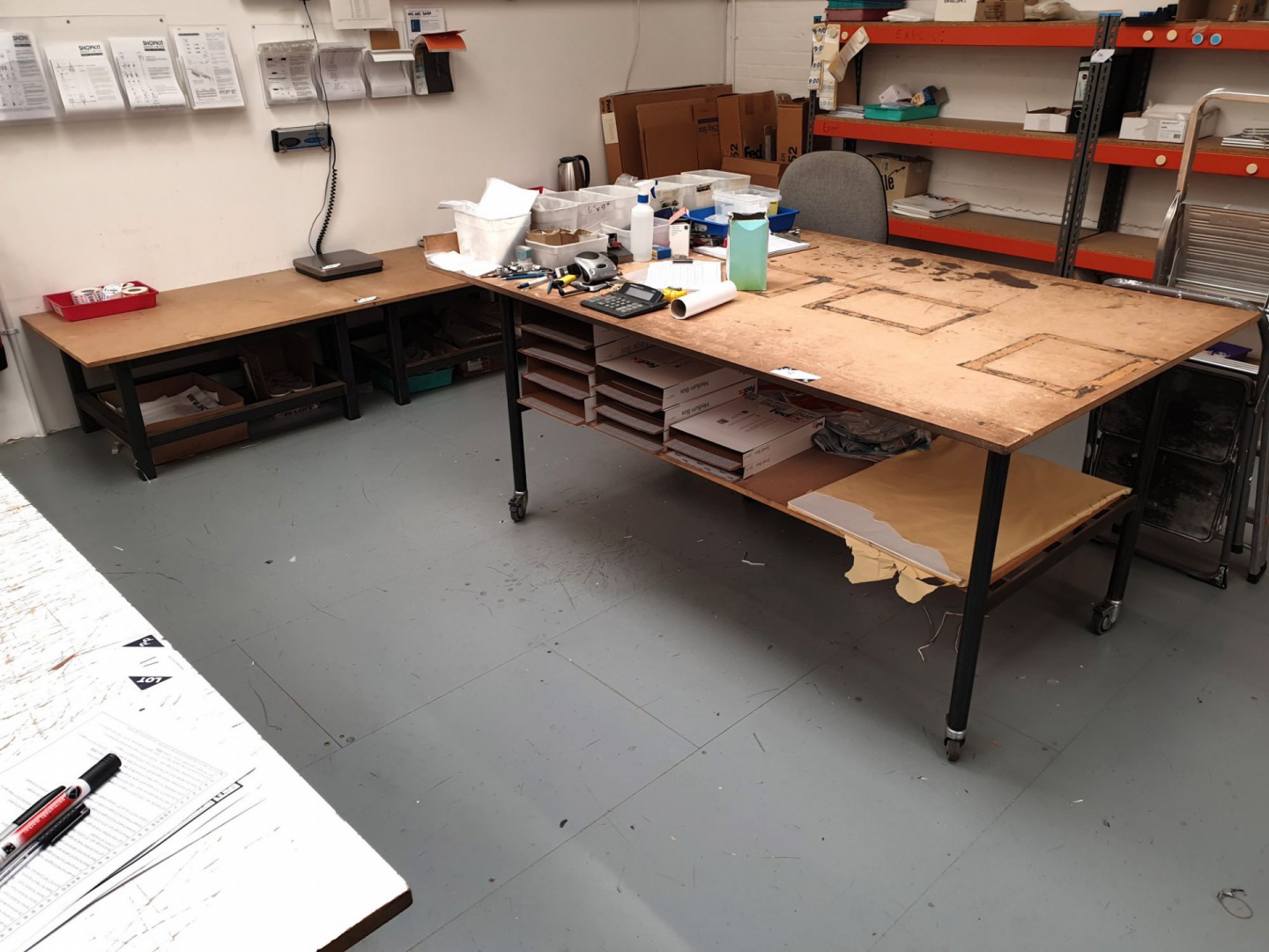 3x various metal frame wooden top packing tables,...