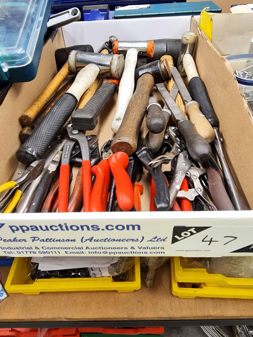 Qty various hammers, mallets, pliers, cutters, gri...