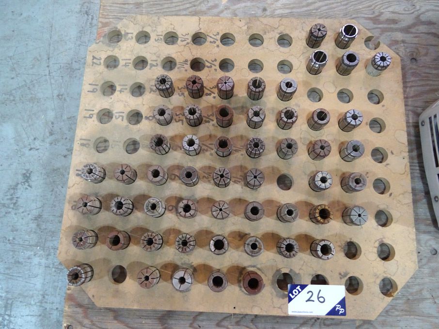 Qty various size Erickson collets on wooden board