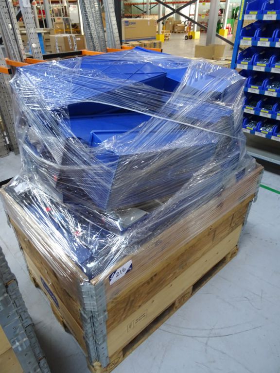 Qty various size blue plastic storage bins to 600x...