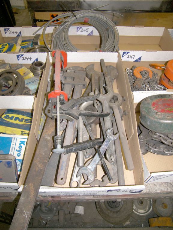 Qty spanners, stillsons, wire etc in 2 boxes