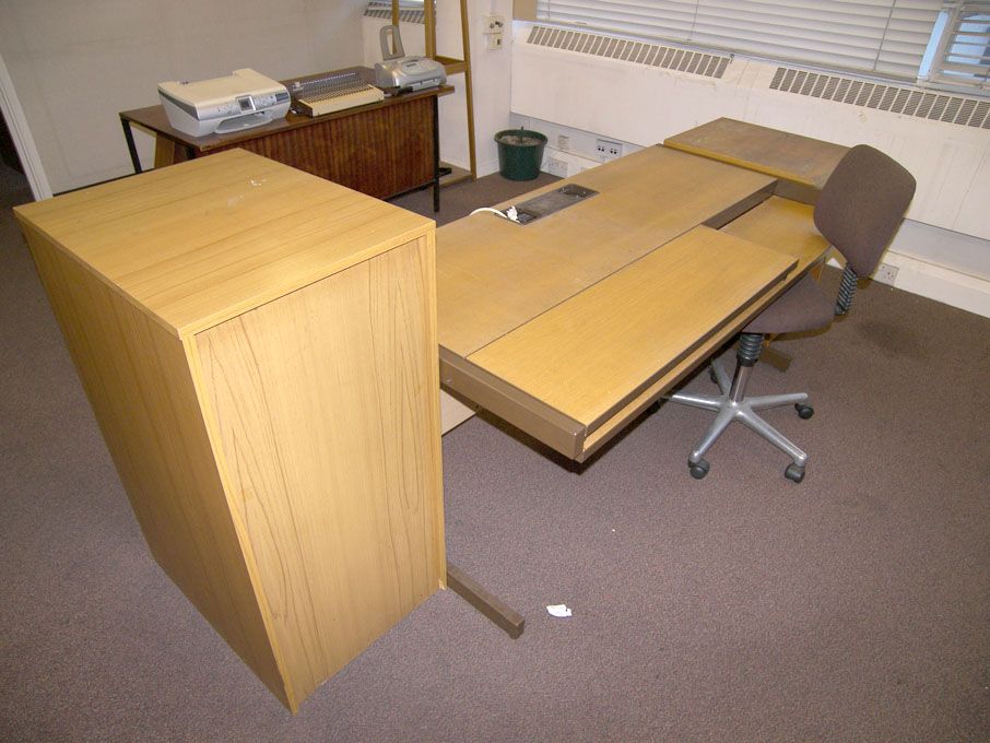 Contents of office inc: oak tables, filing cabinet...