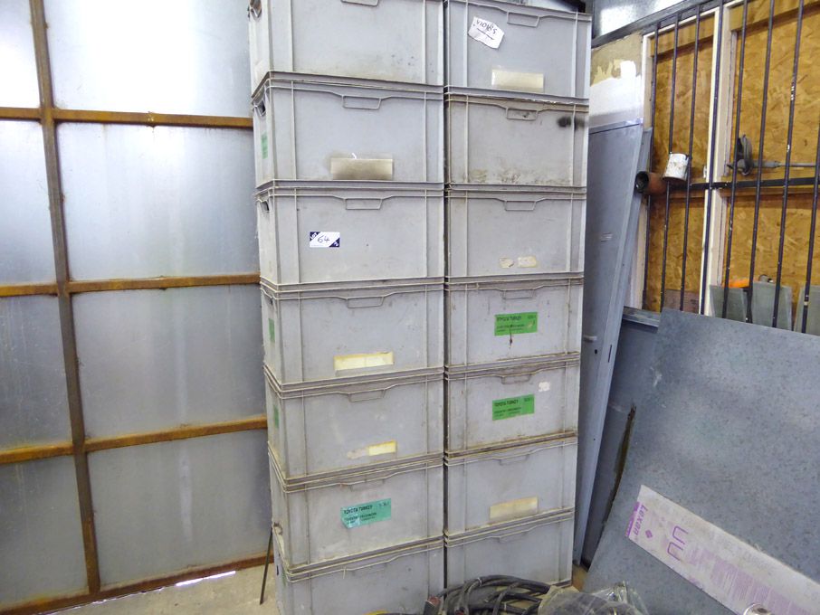 14x stackable plastic boxes, 390x590x330mm approx